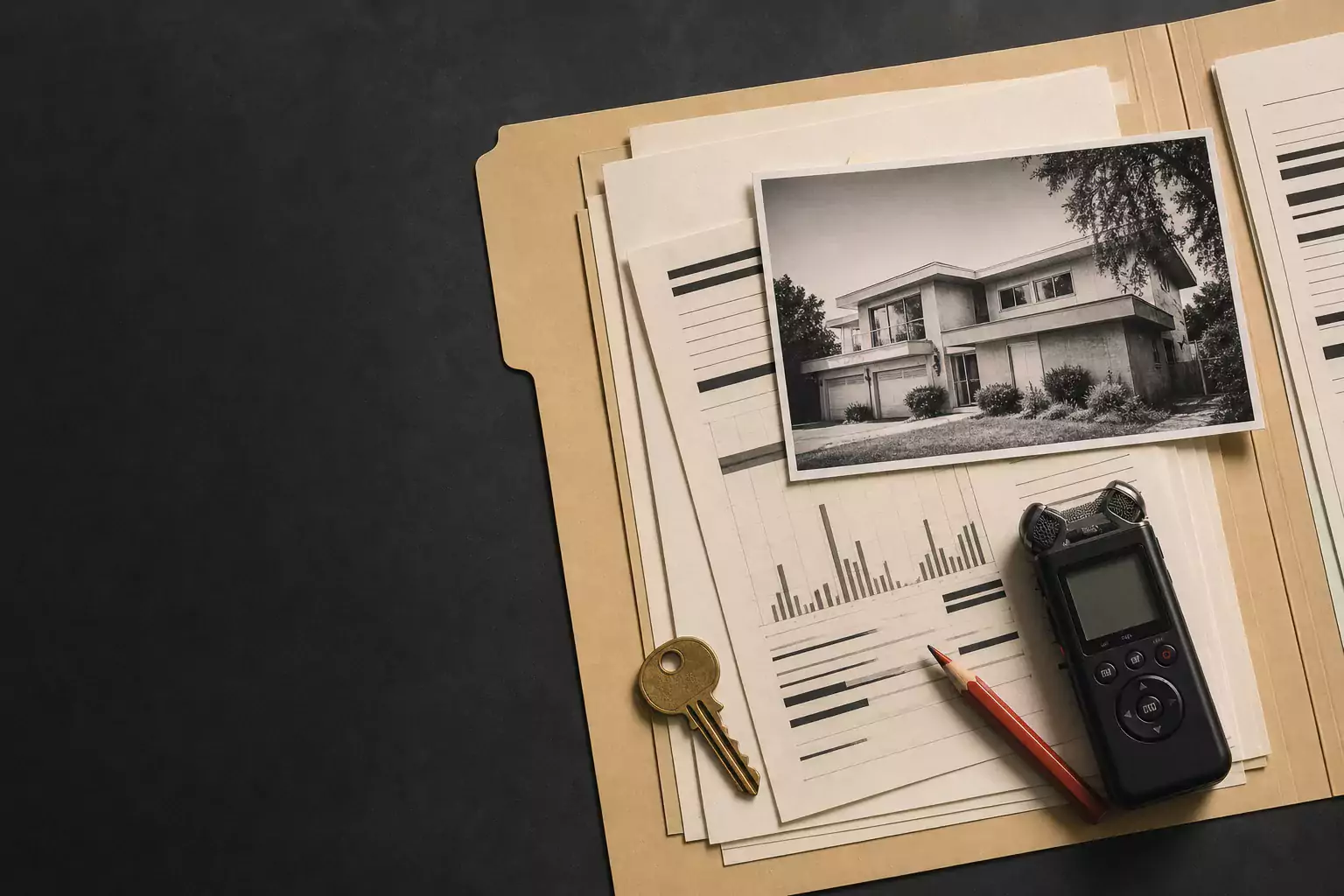 An open manila investigation file with property records, a house photograph, a field recorder, and a key.
